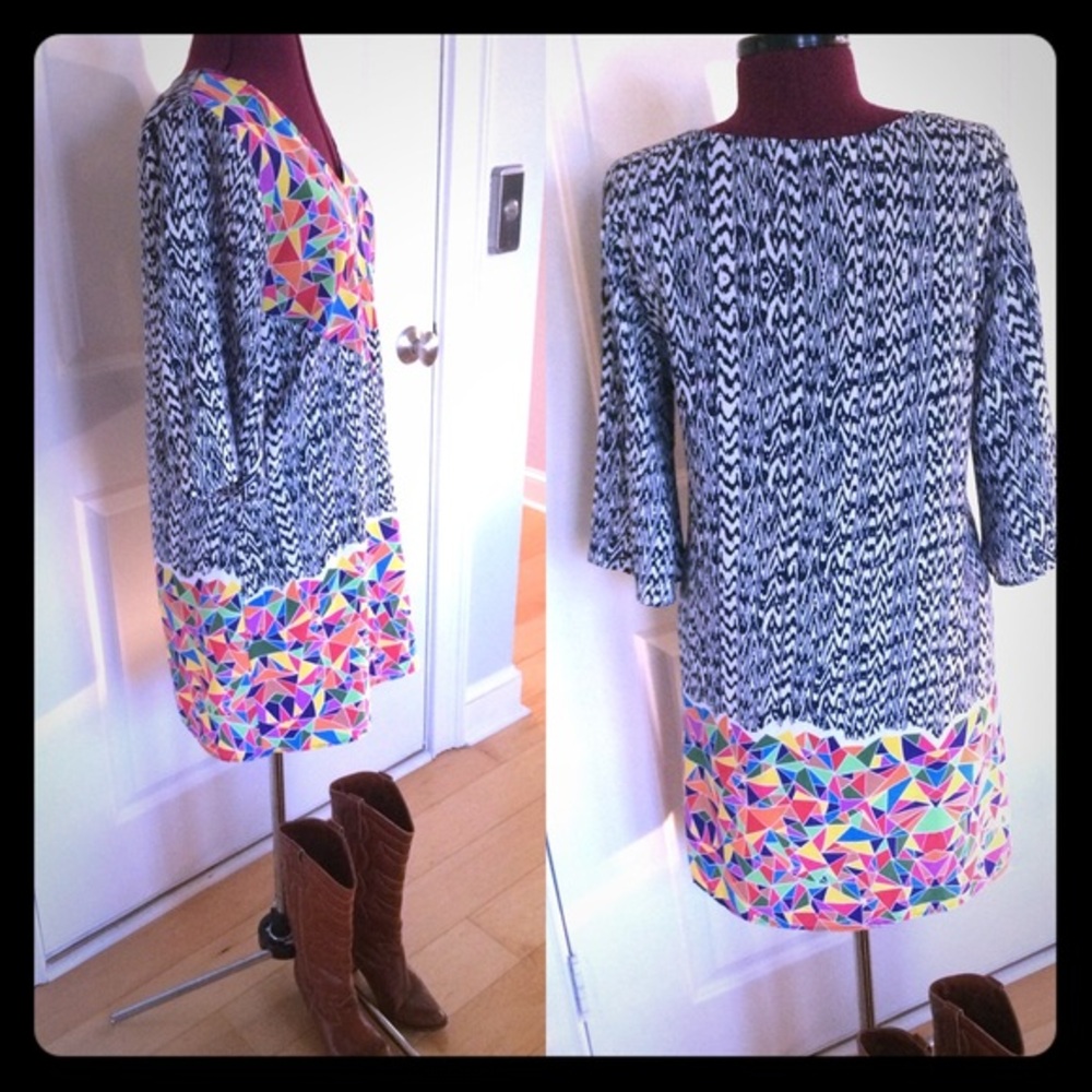 EUC Tua Festive Colorful Geo Prism & Modern Chevron Mini Mod Dress Size L